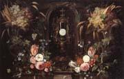 Still life of various flowers and grapes encircling a reliqu ary containing the host,set within a stone niche